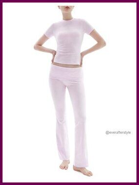 2 Piece Lounge Set Short Sleeve Top Fold-Over Flare Pants Cotton Spandex